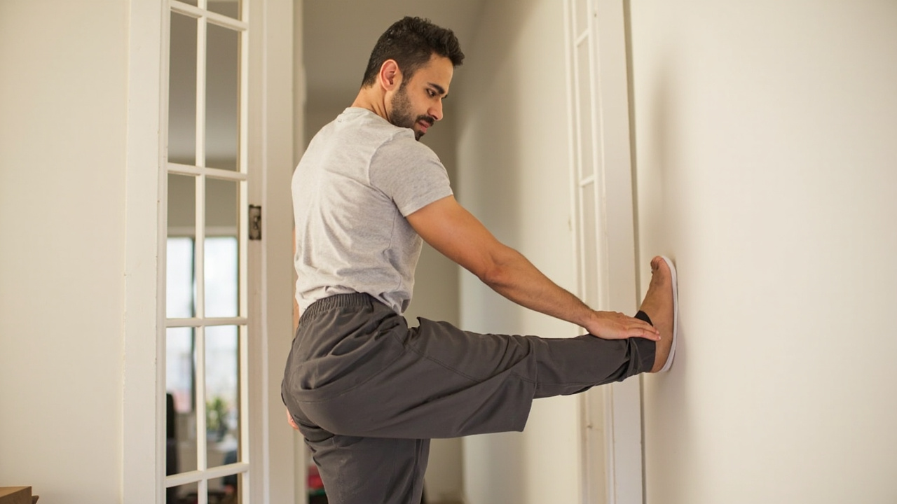 Man doing hamstring stretch using door frame at home