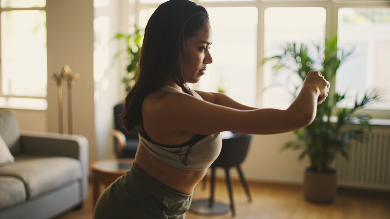 Woman doing standing quad stretch at home